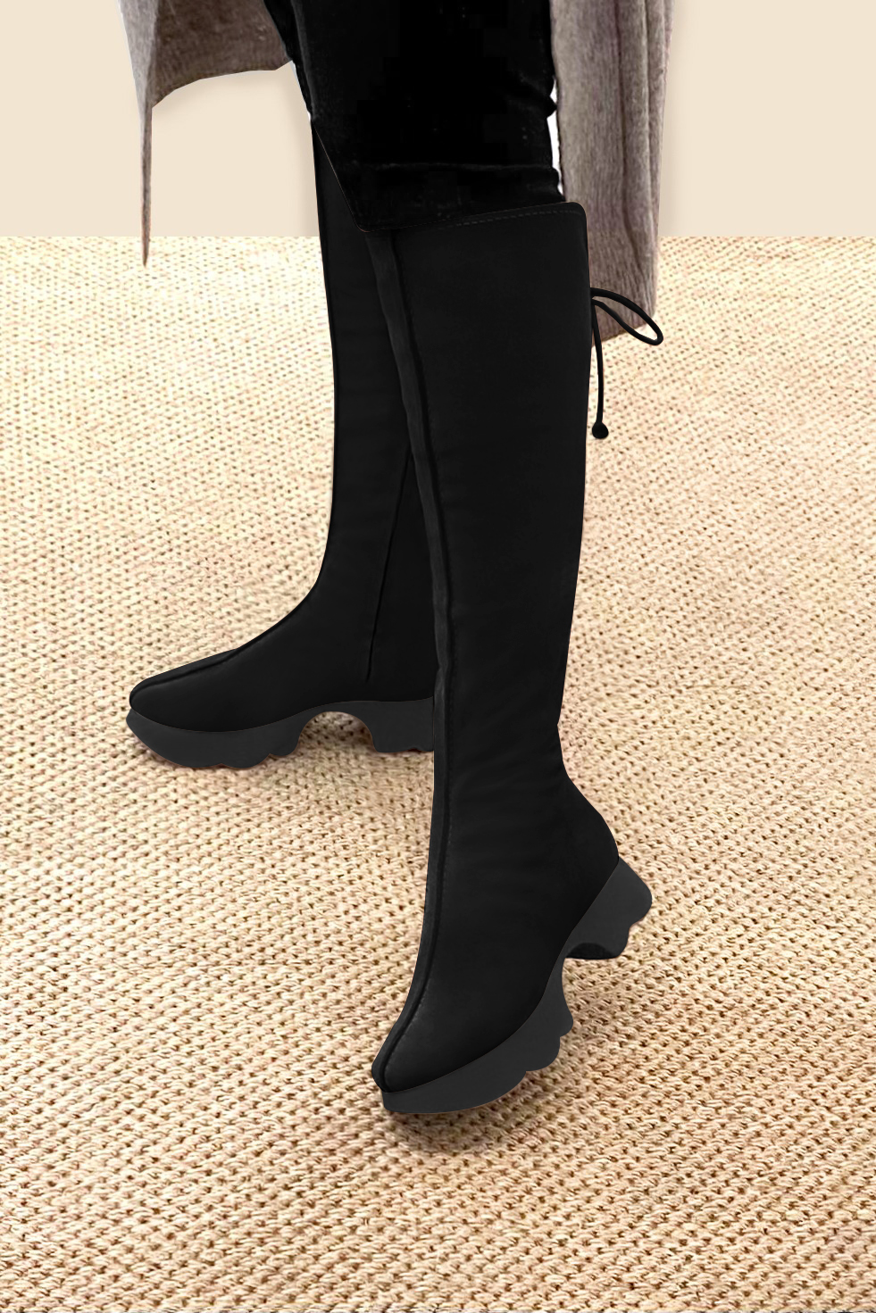 Matt black women's knee-high boots, with laces at the back. Round toe. Low rubber soles. Made to measure. Worn view - Florence KOOIJMAN